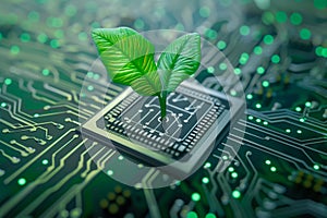 A vibrant green plant emerges from the intricate pathways of a circuit board. Generative Ai