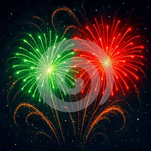 Vibrant green and red fireworks exploding brightly in the dark night sky