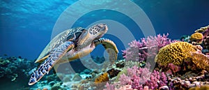 Vibrant Green Sea Turtle Elegantly Navigating A Colorful Tropical Reef