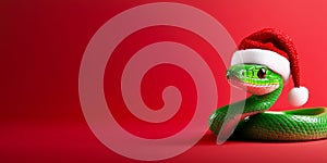 A vibrant green snake adorned with a Santa hat rests against a striking red backdrop, embracing a fun holiday theme photo