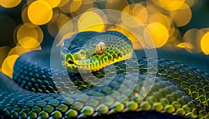 Vibrant green snake close up in lush jungle setting, captivating wildlife photography
