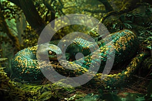 Vibrant Green Snake Coiled Amongst Autumn Foliage in a Sunlit Forest Clearing