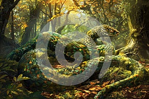 Vibrant Green Snake Coiled Amongst Autumn Foliage in a Sunlit Forest Clearing