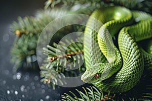 Vibrant Green Snake Coiled on Pine Branch