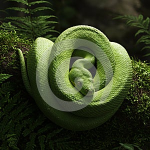 A vibrant green snake, possibly a green tree python (Morelia viridis), is coiled tightly