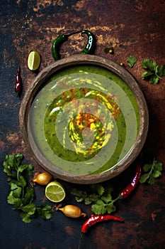 Vibrant green soup in a rustic bowl. Generative AI