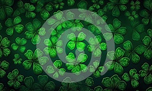 The vibrant green of St. Patrick\'s Day lucky four-leaf clover background was eye-catching