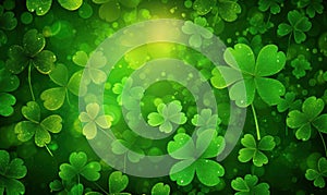 The vibrant green of St. Patrick\'s Day lucky four-leaf clover background was eye-catching