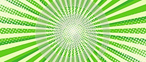 Vibrant Green Sunburst Background. Comic halftone style Radial geometric