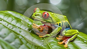 Vibrant Green Tree Frog Perched on a Leaf, Natural Habitat. Close-up, Wildlife Photography. Ideal for Educational Use