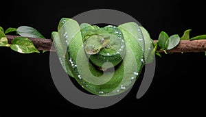 Vibrant Green Tree Python Coiled on a Branch Against a Dark Background