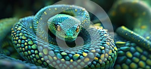 Vibrant green tree python coiled in intricate patterns showcasing stunning scales