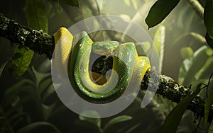 Green Tree Python Coiled on Branch in Lush Rainforest