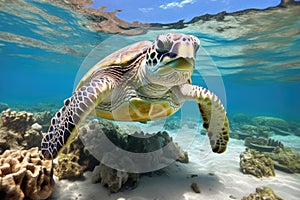 A vibrant green turtle gracefully swims over a sandy bottom in the crystal-clear waters of the ocean, The green sea turtle,