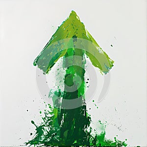 Vibrant green upward arrow, paint splatter effect. abstract art for growth concepts, creative directional sign