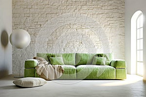 Vibrant green velvet sofa against arched window near ball floor lamp and stone cladding wall. Mediterranean style home interior