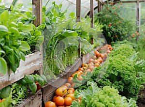 A vibrant greenhouse garden with various fresh vegetables growing in wooden planters and soil patches.