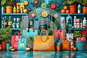 Vibrant grocery store with colorful shopping bags and tropical plants