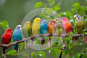 Colorful parakeets perched on branch in nature photo