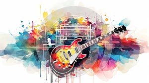Vibrant guitar and piano keys on artistic watercolor background illustrating music concept