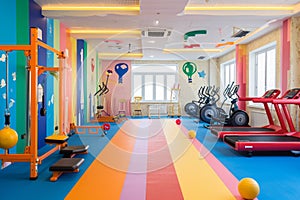 A vibrant gym filled with a variety of exercise equipment for strength and cardio workouts, A child-friendly gym with colorful