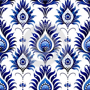 Vibrant Gzhel floral seamless pattern in blue and white