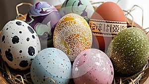 Vibrant Hand-Decorated Easter Eggs in a Rustic Nest