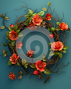 Vibrant Handcrafted Floral Wreath on Teal Background Seasonal Decorative Arrangement with Vivid Orange Flowers and Twigs