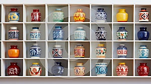 Vibrant Handmade Ceramic Tiles on Shelf: Craftsmanship in Color