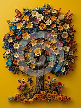 Vibrant Handmade Paper Flower Tree Art on Bright Yellow Background for Creative Design Use