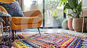 A vibrant handwoven rug made from recycled plastic bottles anchors a cozy reading nook in a home office. The colorful