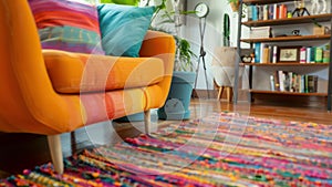 A vibrant handwoven rug made from recycled plastic bottles anchors a cozy reading nook in a home office. The colorful