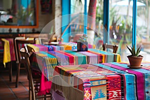 vibrant handwoven tablecloths on each cafe table