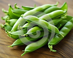 Vibrant Harvest: A Closeup of Green Snap Peas on a Wooden Table with a Petite Girl and Energy Shield