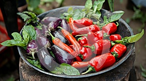 Vibrant harvest of fresh eggplants and peppers in rustic bowl