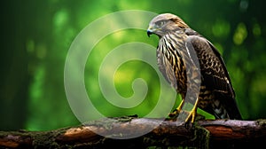 Vibrant Hawk Bird Photography On Wood Branch In Green Background