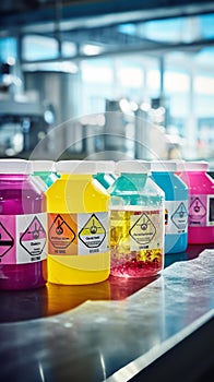 Vibrant Hazardous Waste: Colorful Chemical Containers on Reflective Laboratory Countertop