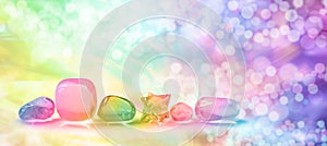 Vibrant healing crystals on Bokeh banner