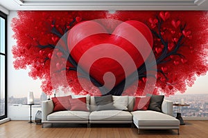 Vibrant Heart-Shaped Tree Above Sofa