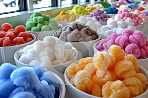 Vibrant helados aesthetic de colores, colorful and fun cotton candy and caramel cones for sale photo