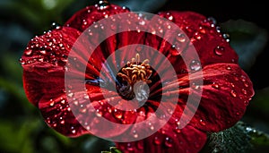 Vibrant hibiscus bud, wet with dew, in formal garden generated by AI