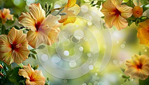 Vibrant Hibiscus Flowers with Lush Green Foliage in Sunlit Bokeh Garden Background Perfect for Spring and Summer Themes