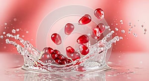 Pomegranate Arils Splashing into Water with Dynamic Splash