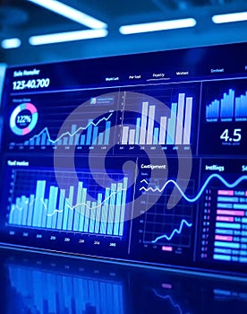 Futuristic Data Visualization Interface Displaying Real-Time Metrics and Analytics for Business