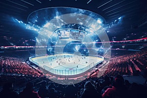 A vibrant hockey stadium filled with enthusiastic fans eagerly watching an exciting game unfold, stadium with fans crowd and an
