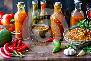 Vibrant Homemade Hot Sauce in Bottles with Fresh Chili Peppers, Garlic, and Herbs on Wooden Table