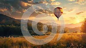 Vibrant Hot air balloon floating over a lush landscape during sunset. Ideal for nature, adventure, and travel themes