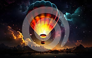 Vibrant hot air balloon soaring through the night sky with stars and nebulae, symbolizing adventure, exploration, dreams, and the