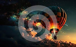 Vibrant hot air balloon soaring through the night sky with stars and nebulae, symbolizing adventure, exploration, dreams, and the