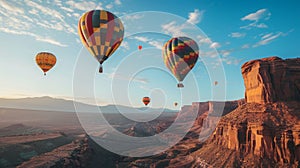 Vibrant hot air balloons drift over canyon, painting sky with colors, Ai Generated